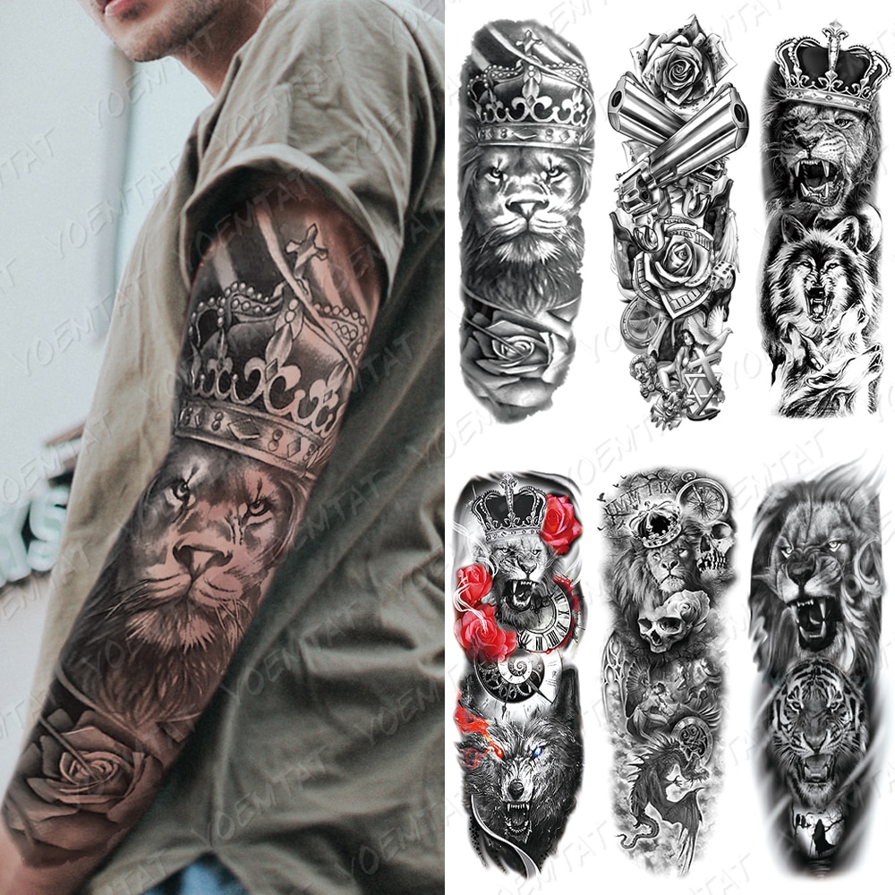 Full Sleeve Colorful Lion and Sugar Skull Temporary Tattoo Click for  Details Zodiac Red Roses Skull Craft Supply - Etsy Sweden