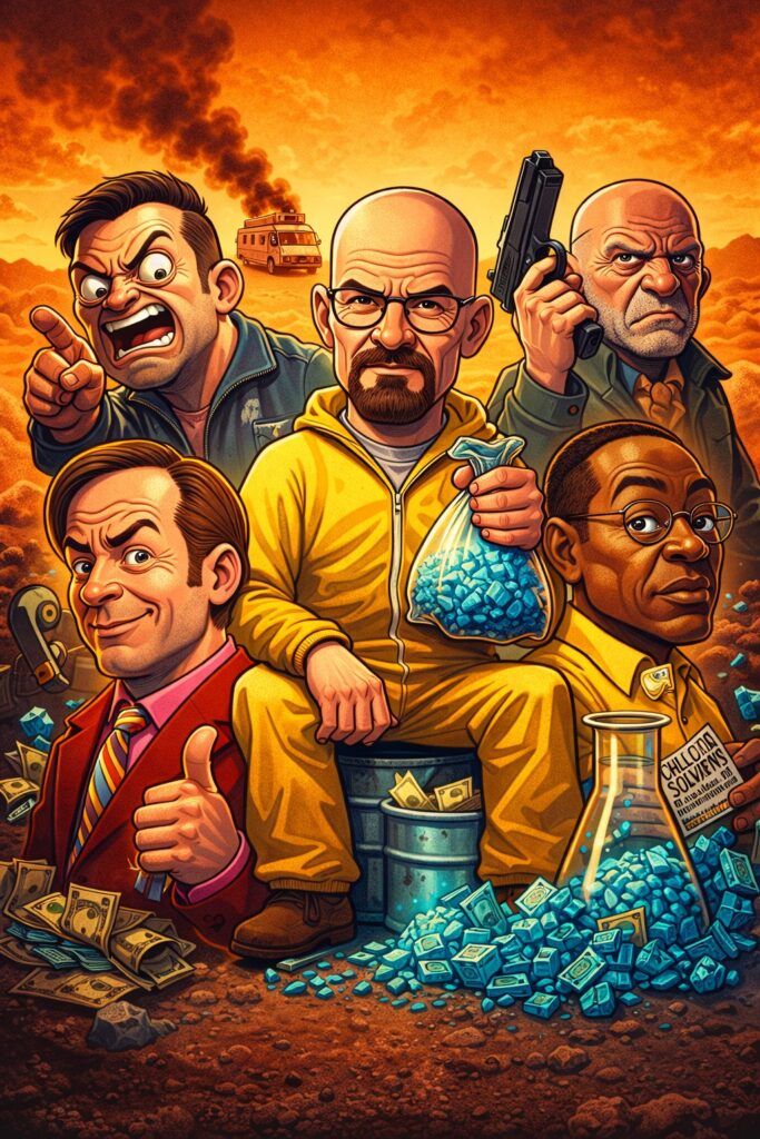 Parody-style Breaking Bad–inspired wallpaper featuring exaggerated cartoon versions of iconic characters in a bold, colourful, graphic illustration style.