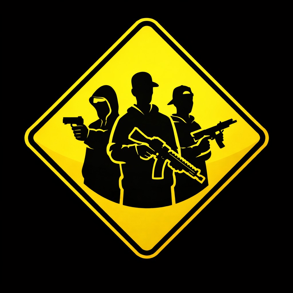men with machine guns icon on yellow roadsign