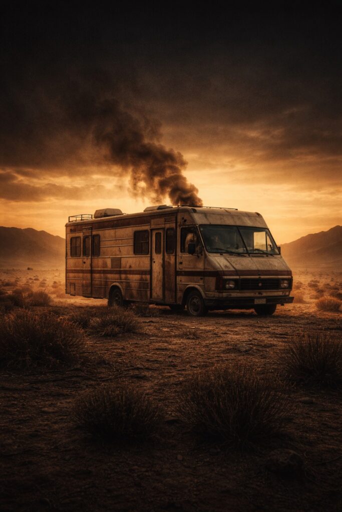 Cinematic Breaking Bad–inspired wallpaper featuring a lone RV in a New Mexico desert landscape under a dramatic, smoky sunset.