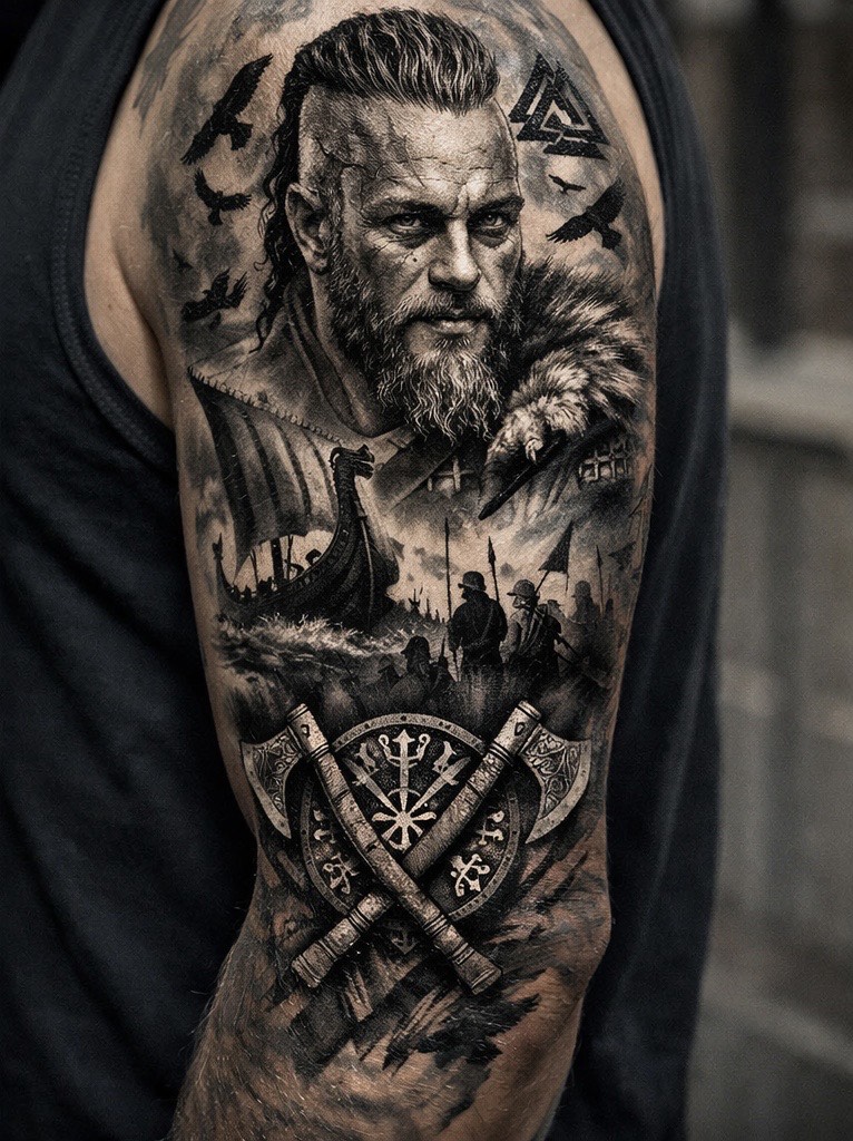 “Viking tattoo design inspired by Ragnar Lothbrok featuring Norse symbols, longship, ravens, and battle scenes in a dark, realistic style.”