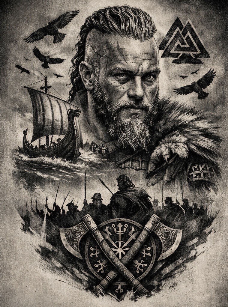 “Viking tattoo design inspired by Ragnar Lothbrok featuring Norse symbols, longship, ravens, and battle scenes in a dark, realistic style.”