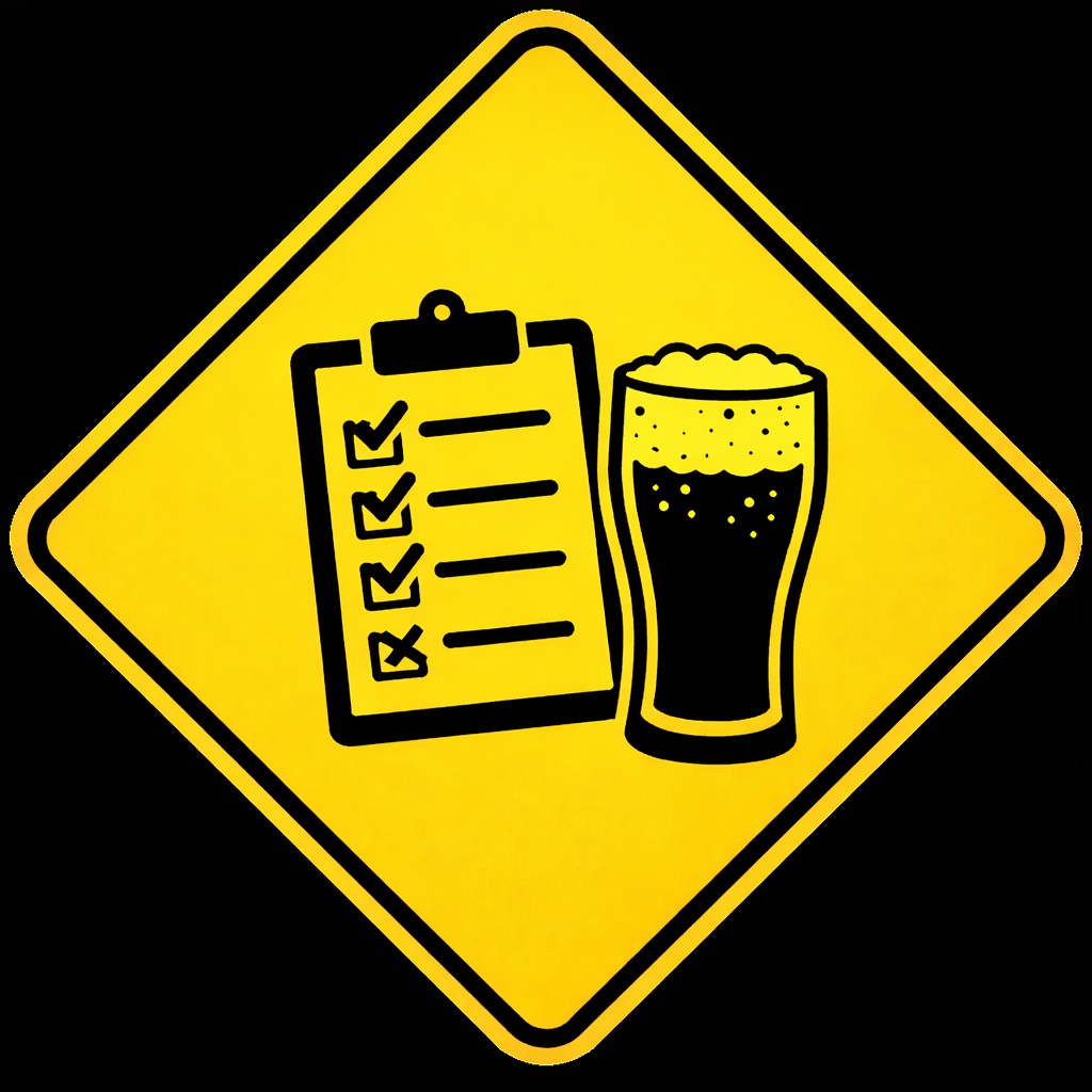 Quizzes for the lads icon with a checklist and a pint of beer on a yellow road sign