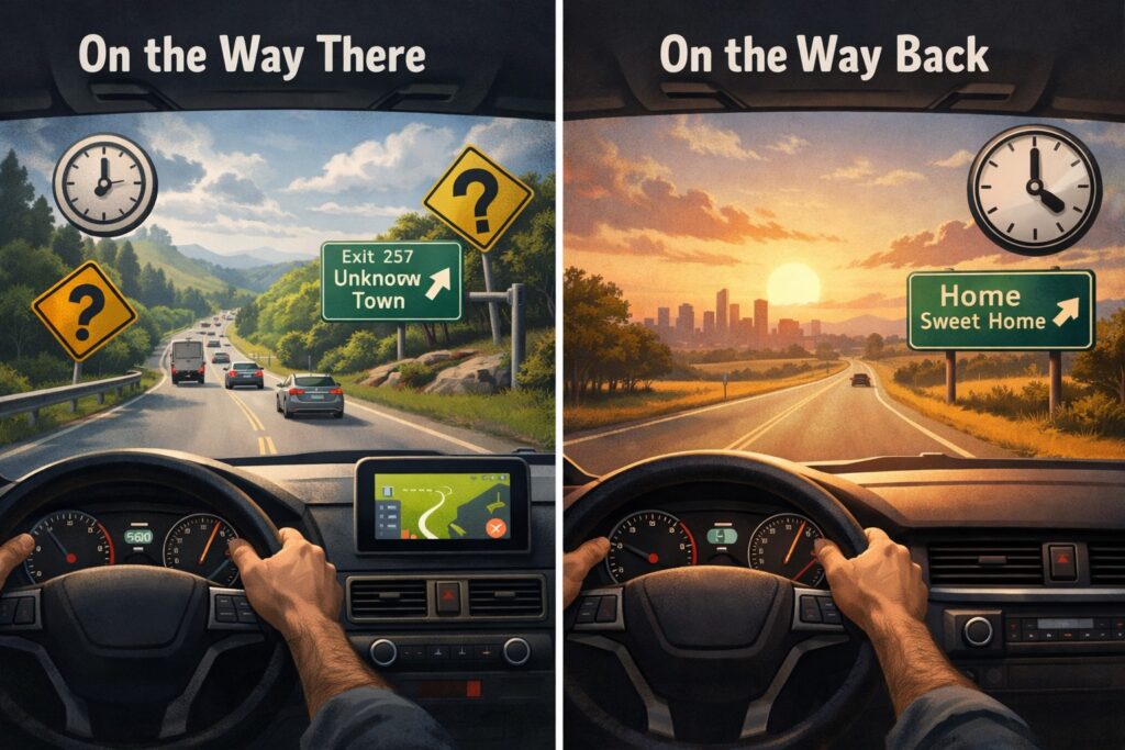 Long road stretching into the distance during a journey, representing the outward trip feeling slower due to unfamiliar surroundings.
