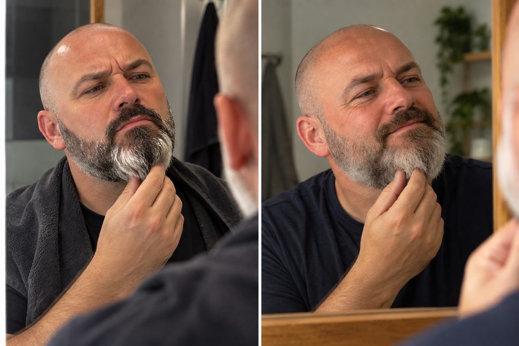 Man comparing his freshly trimmed beard with how it looks a few days later
